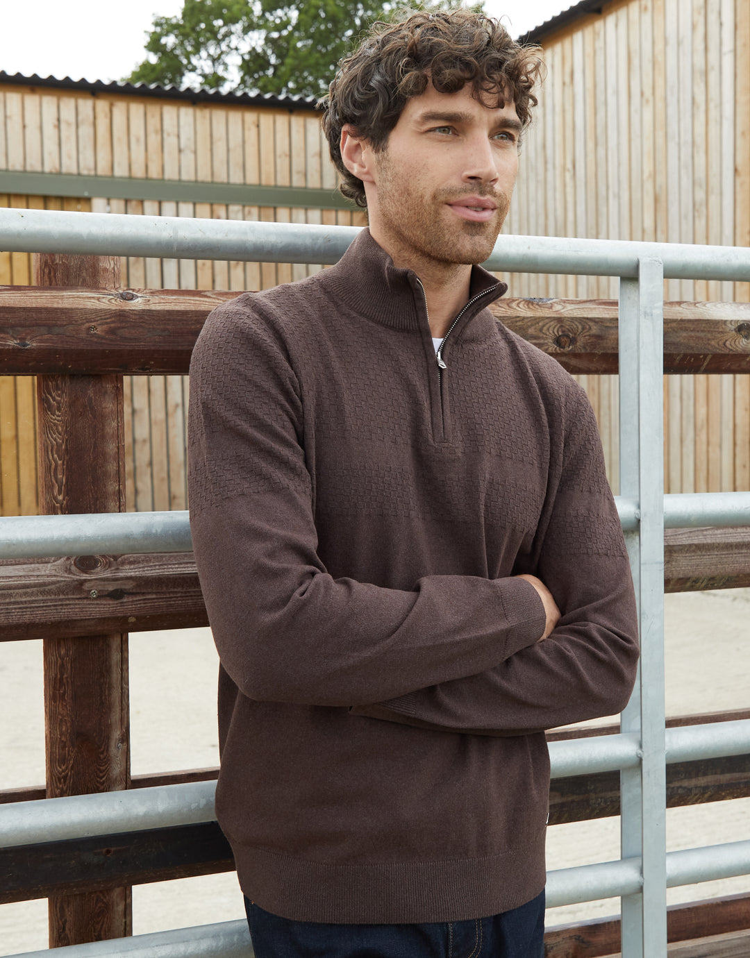 Brown Basket Stitch Detail Knitted Quarter Zip Jumper