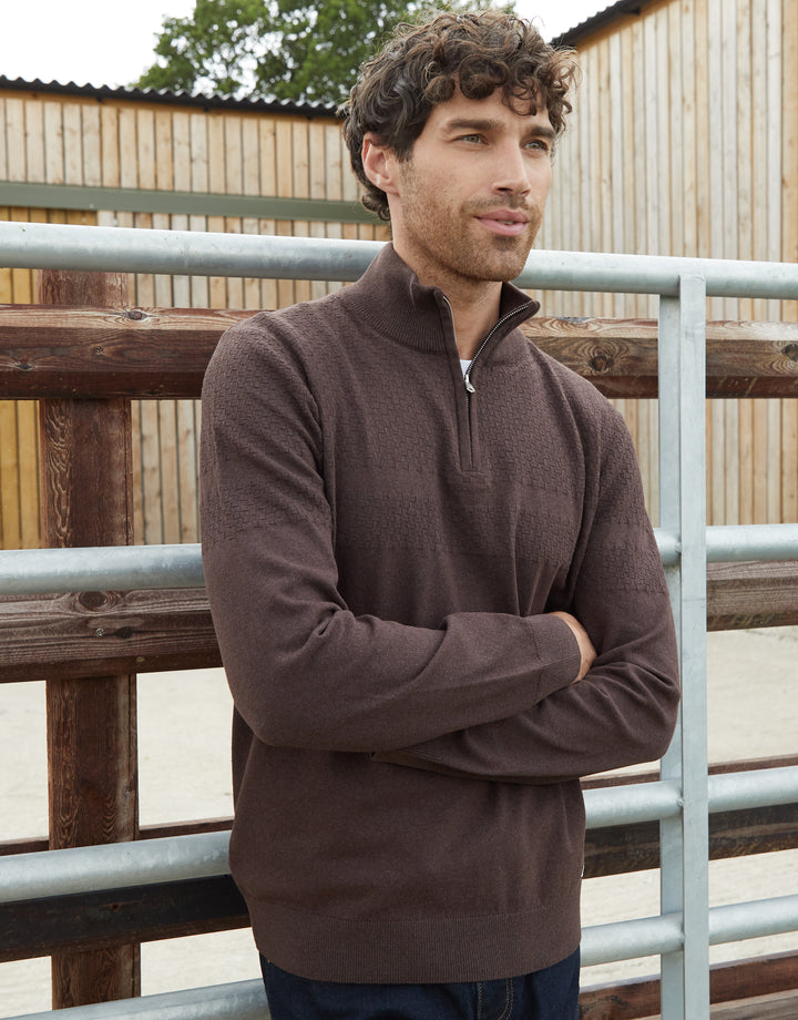 Brown Basket Stitch Detail Knitted Quarter Zip Jumper