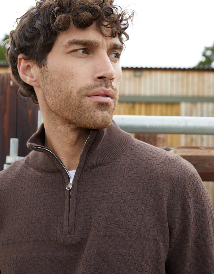 Brown Basket Stitch Detail Knitted Quarter Zip Jumper