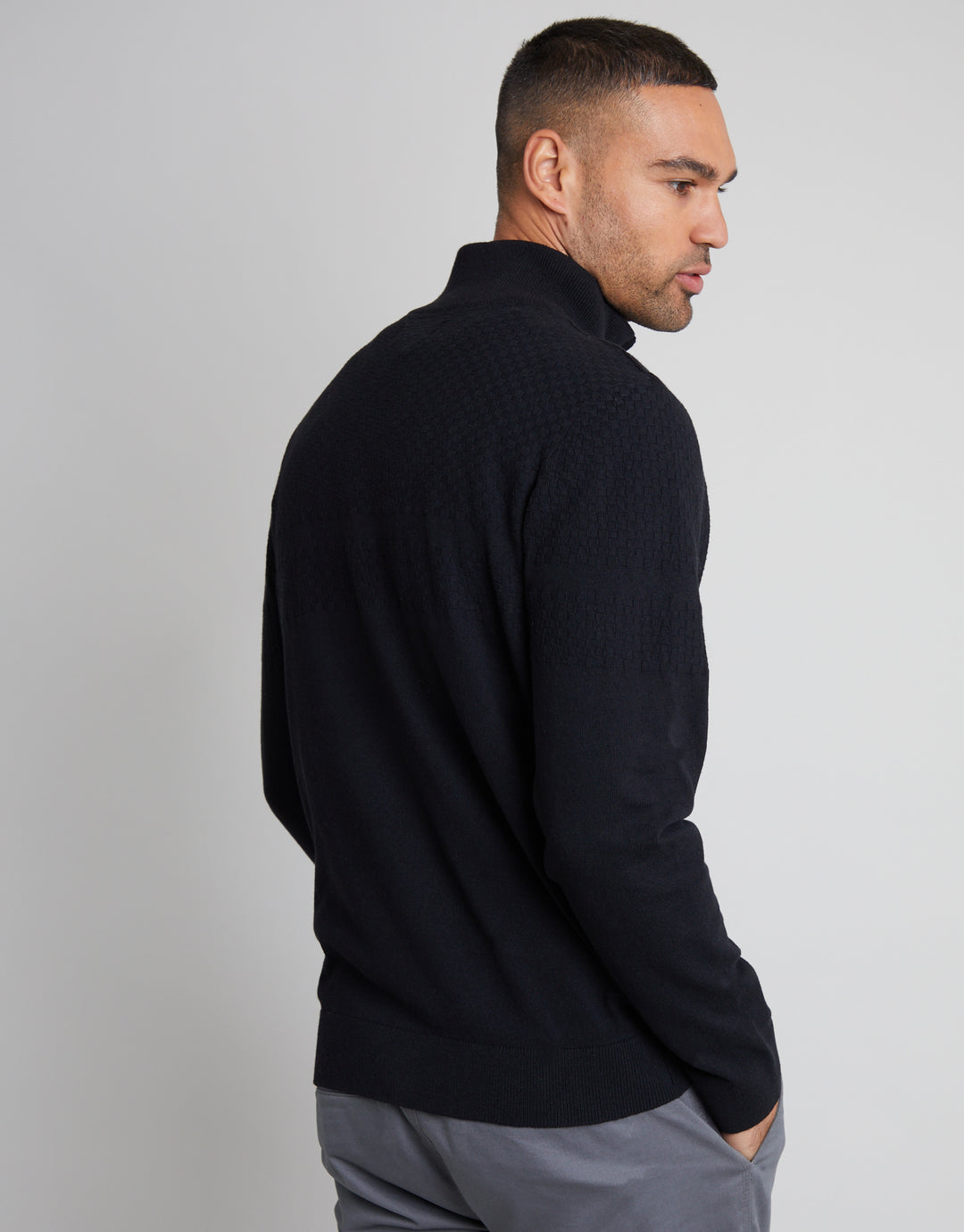 Black Basket Stitch Detail Knitted Quarter Zip Jumper