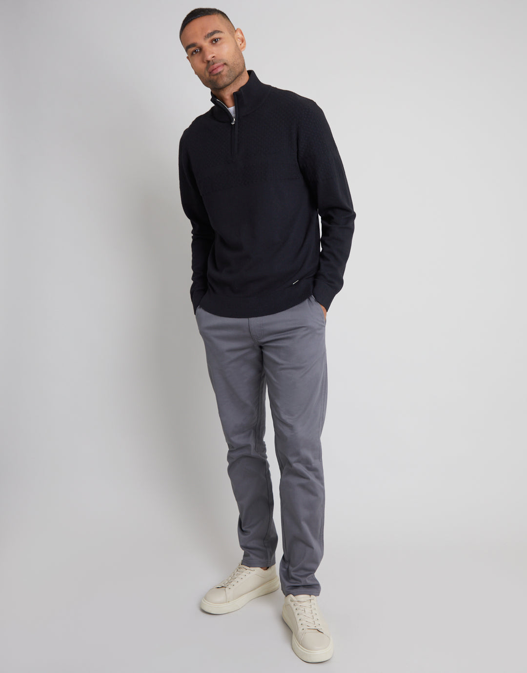 Black Basket Stitch Detail Knitted Quarter Zip Jumper