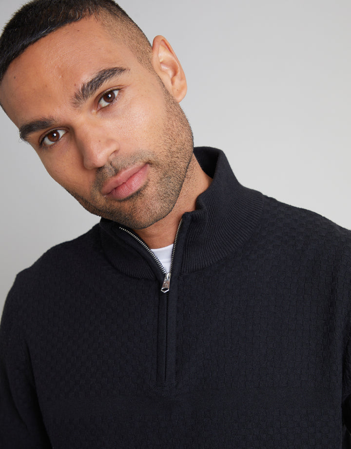 Black Basket Stitch Detail Knitted Quarter Zip Jumper