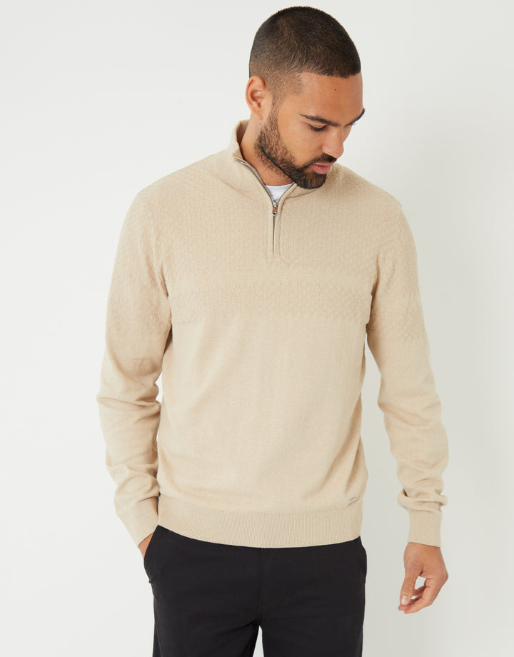 Beige Basket Stitch Detail Knitted Quarter Zip Jumper