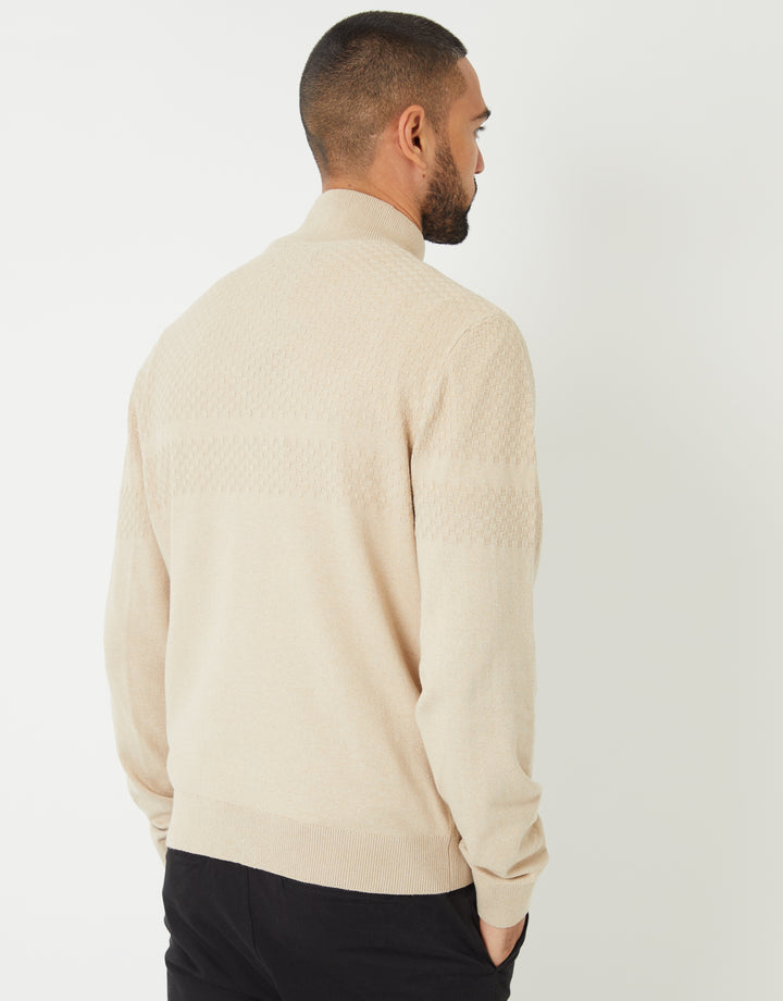 Beige Basket Stitch Detail Knitted Quarter Zip Jumper