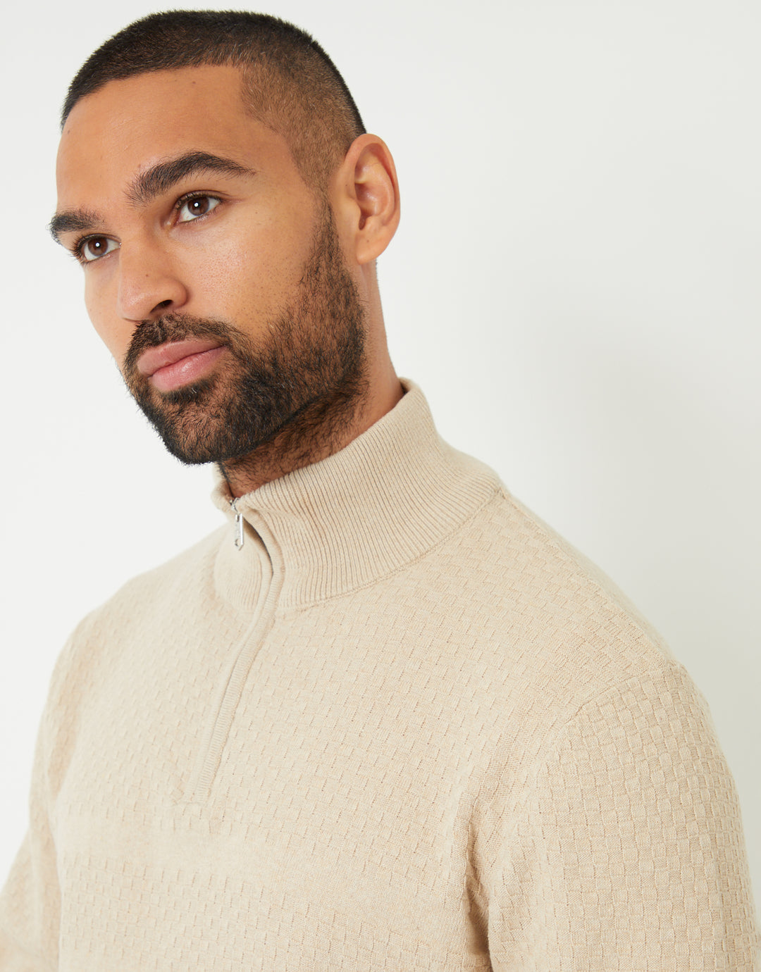 Beige Basket Stitch Detail Knitted Quarter Zip Jumper