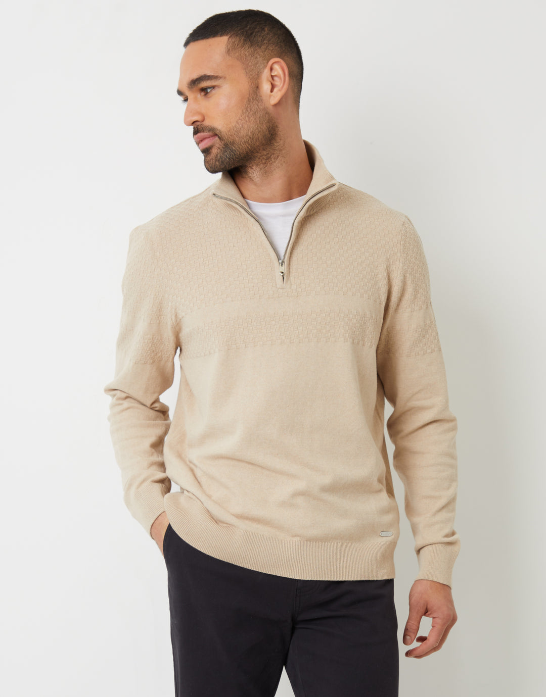 Ecru Basket Stitch Detail Knitted Quarter Zip Jumper