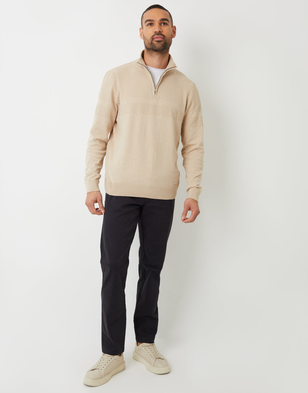 Ecru Basket Stitch Detail Knitted Quarter Zip Jumper