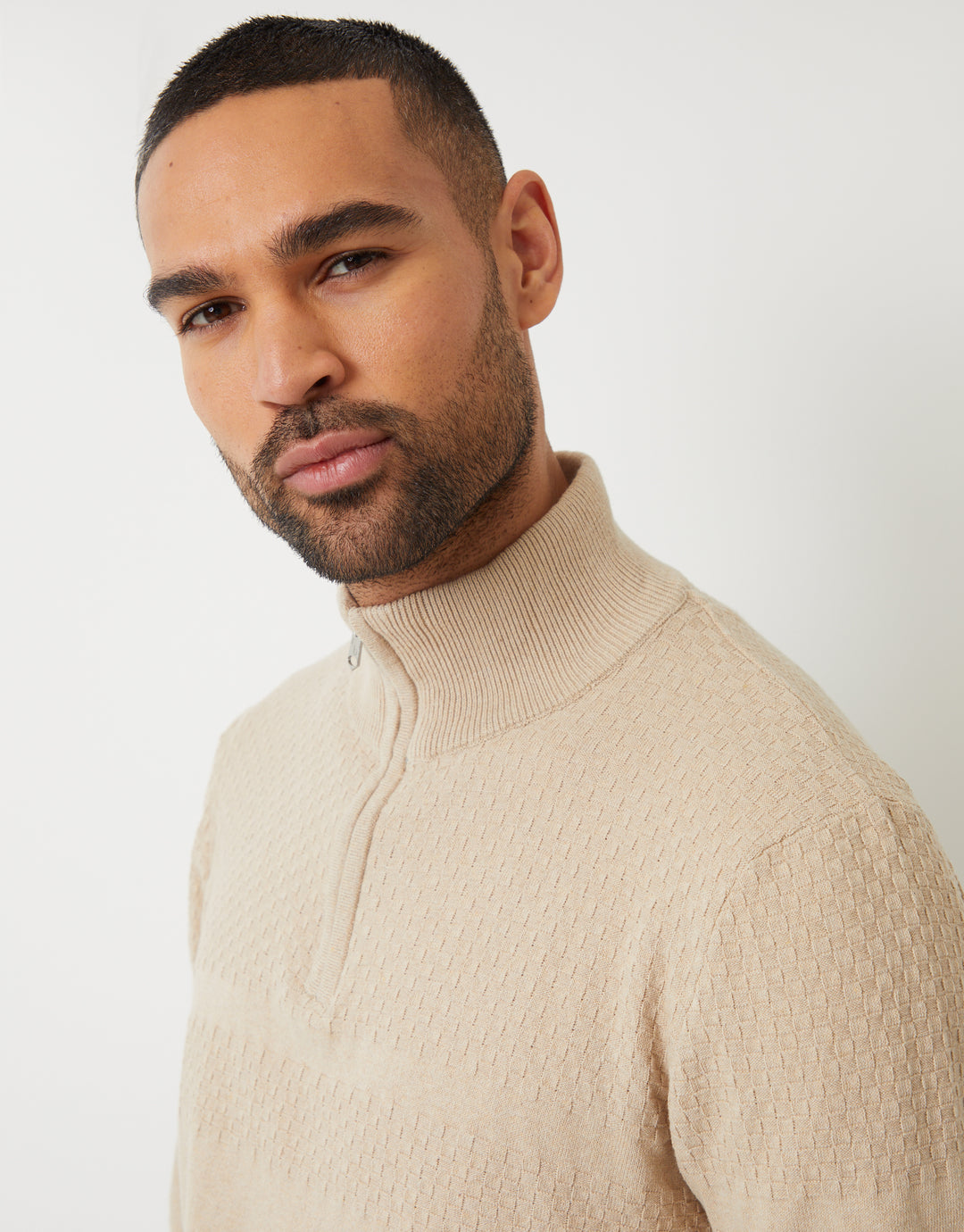 Ecru Basket Stitch Detail Knitted Quarter Zip Jumper