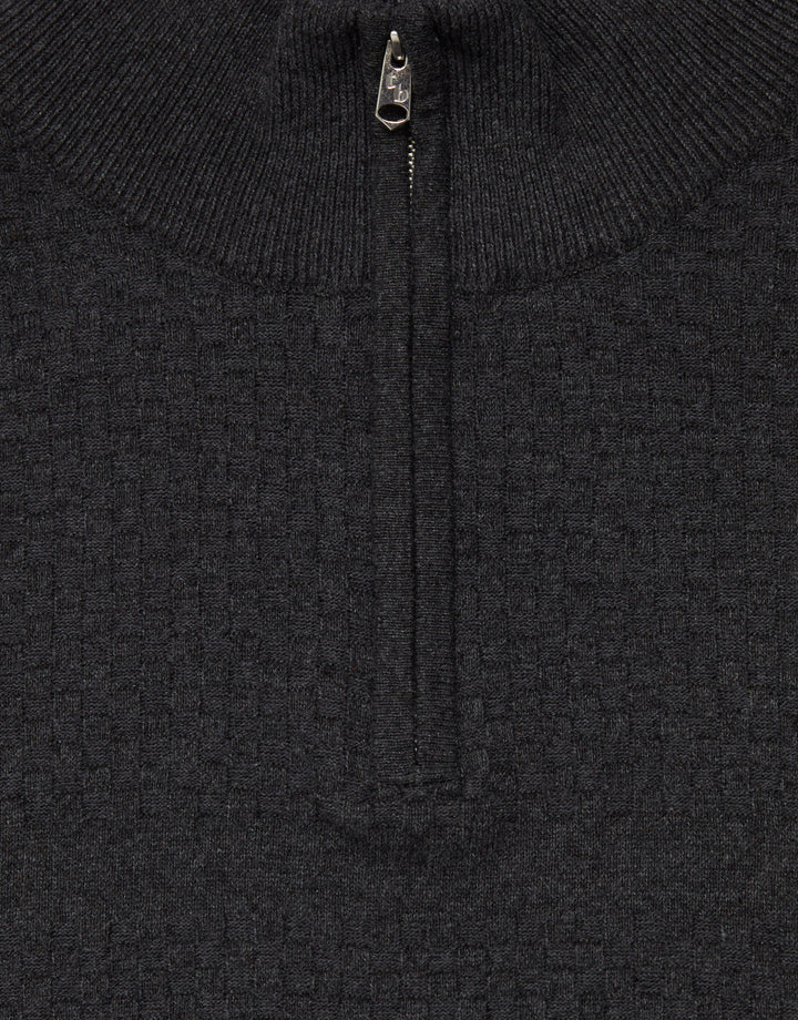 Charcoal Grey Basket Stitch Detail Knitted Quarter Zip Jumper
