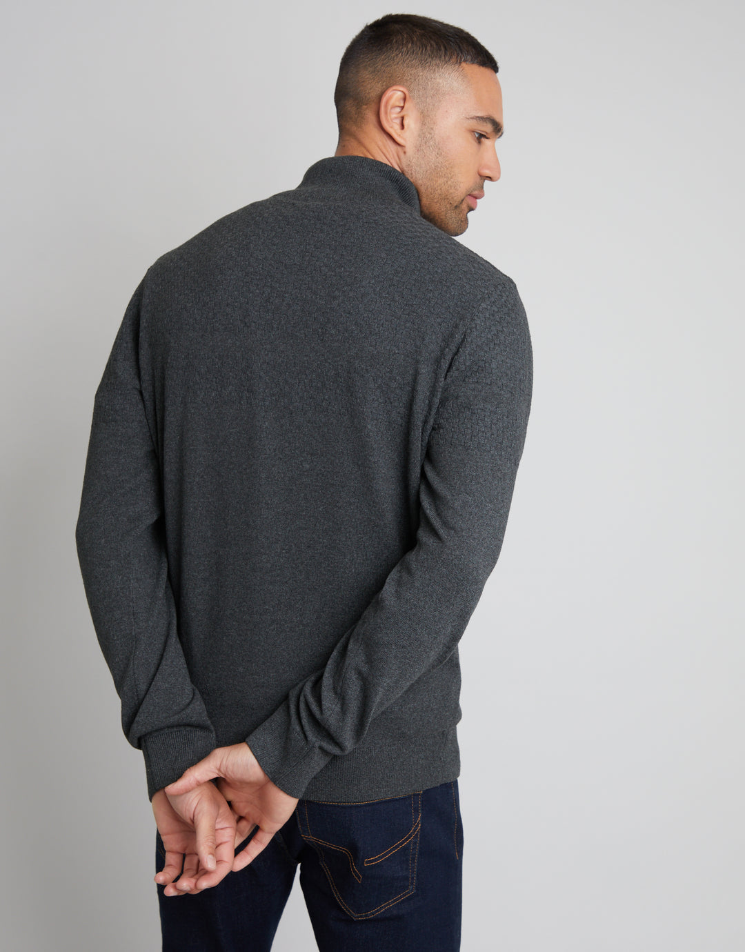 Charcoal Grey Basket Stitch Detail Knitted Quarter Zip Jumper