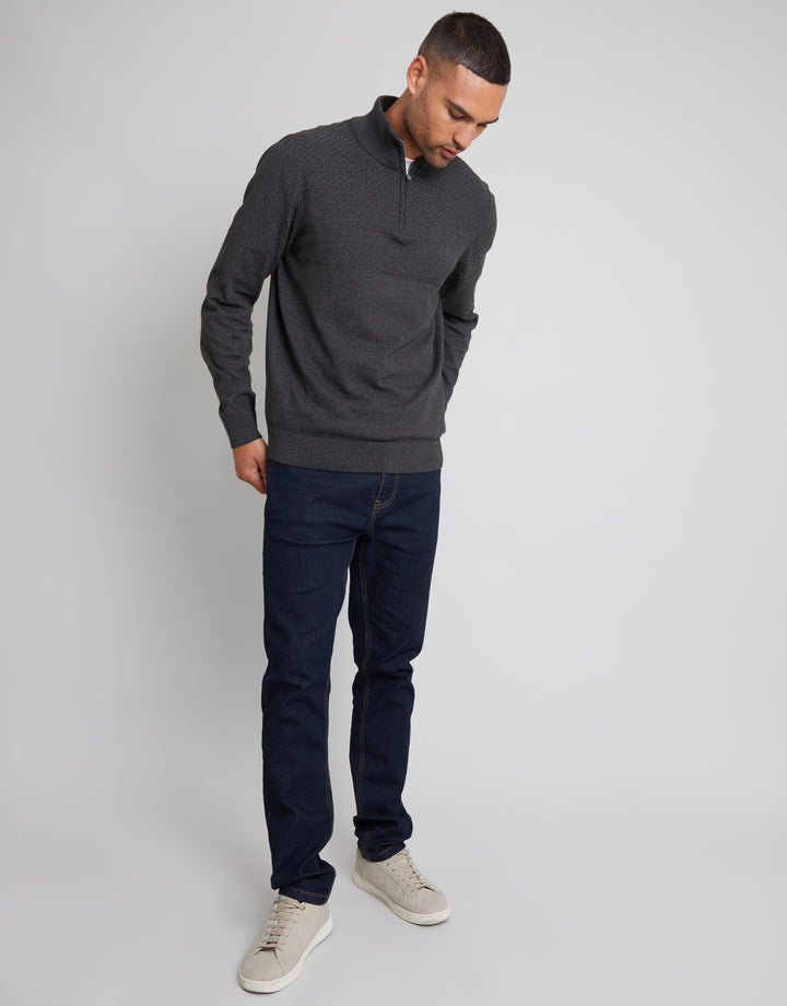 Charcoal Grey Basket Stitch Detail Knitted Quarter Zip Jumper
