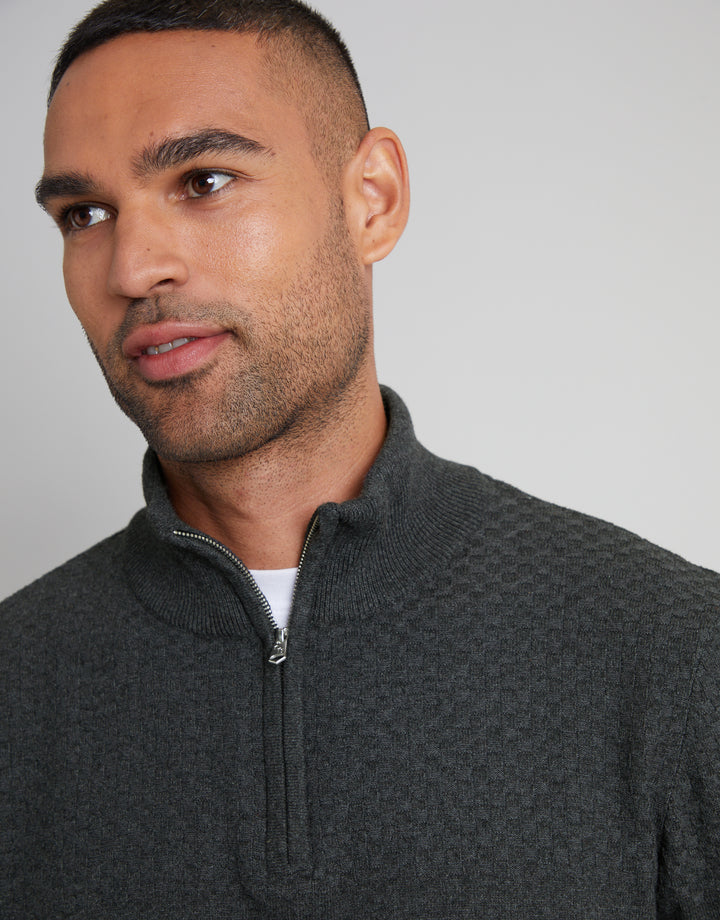 Charcoal Grey Basket Stitch Detail Knitted Quarter Zip Jumper