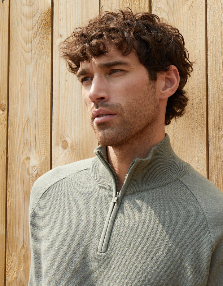 Khaki Green Raglan Knitted Quarter Zip Jumper