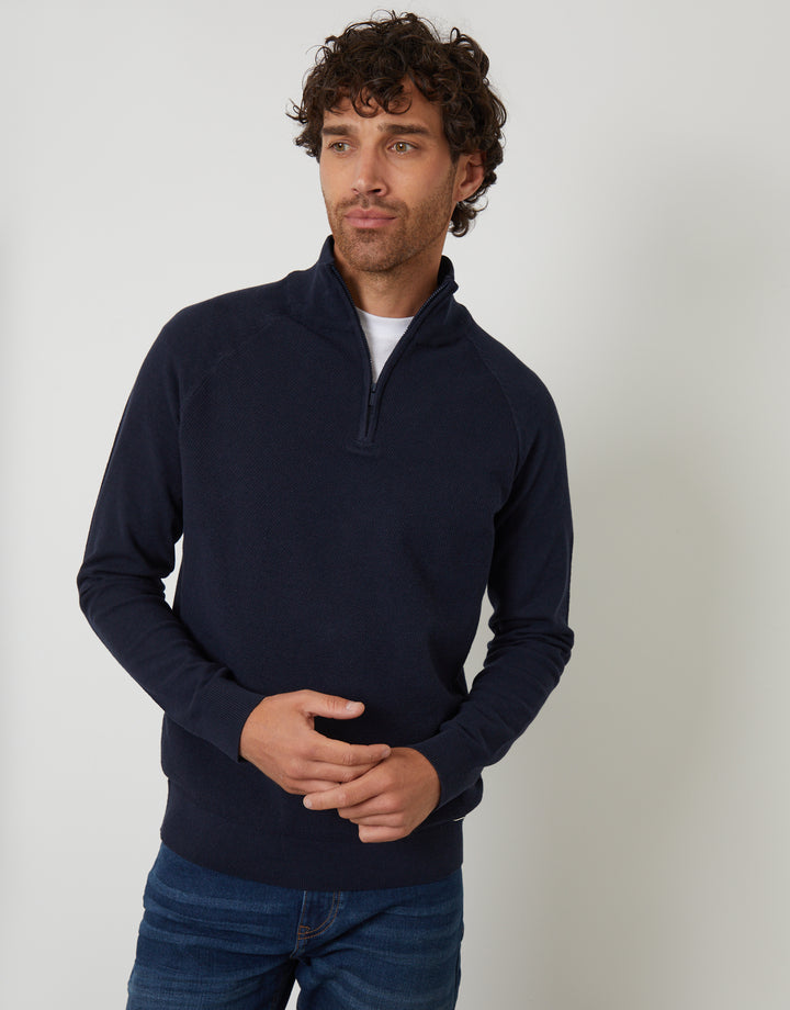 Navy Raglan Knitted Quarter Zip Jumper
