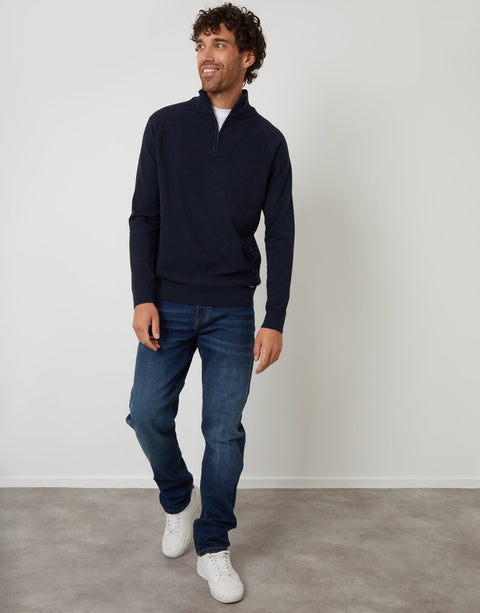 Threadbare Raglan Knitted Quarter Zip Jumper in Navy - full body