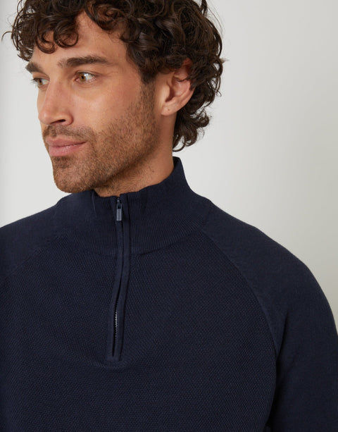 Threadbare Raglan Knitted Quarter Zip Jumper in Navy - front view close up