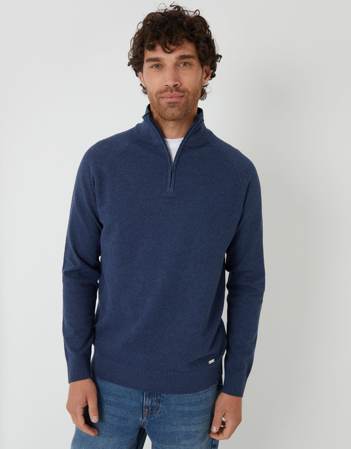 Denim Blue Raglan Knitted Quarter Zip Jumper