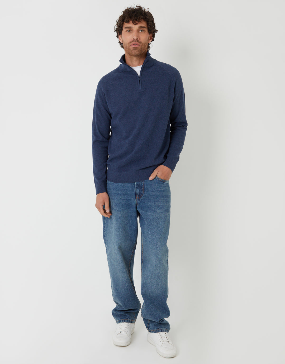 Denim Blue Raglan Knitted Quarter Zip Jumper