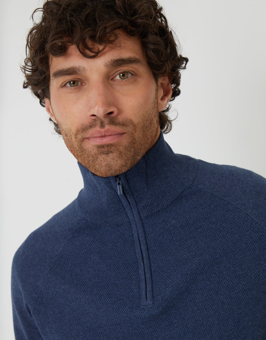Denim Blue Raglan Knitted Quarter Zip Jumper