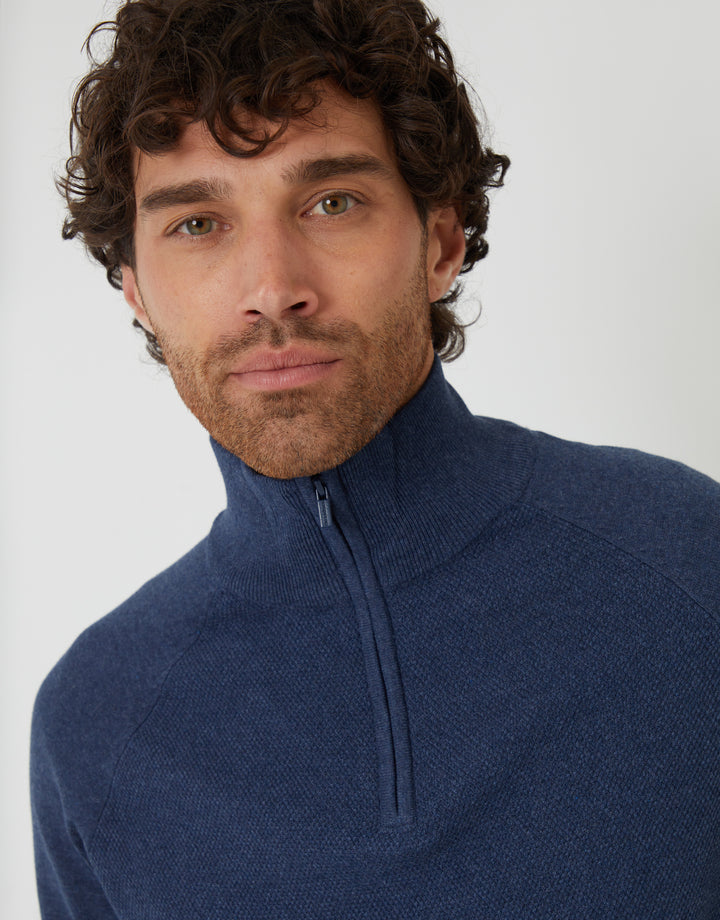 Denim Blue Raglan Knitted Quarter Zip Jumper