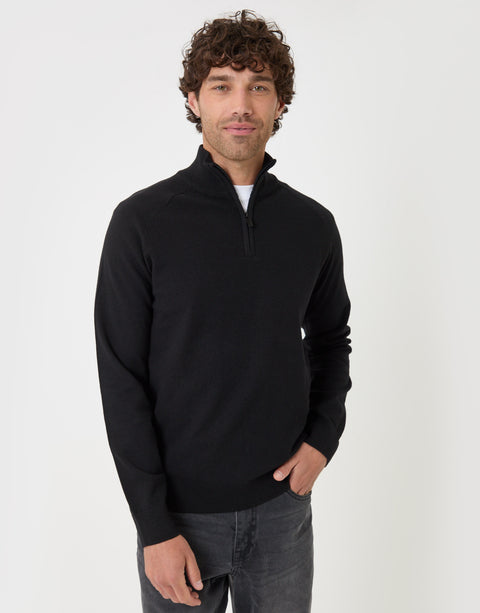 Threadbare Cotton Rich Textured Quarter Zip Jumper in Black - front view