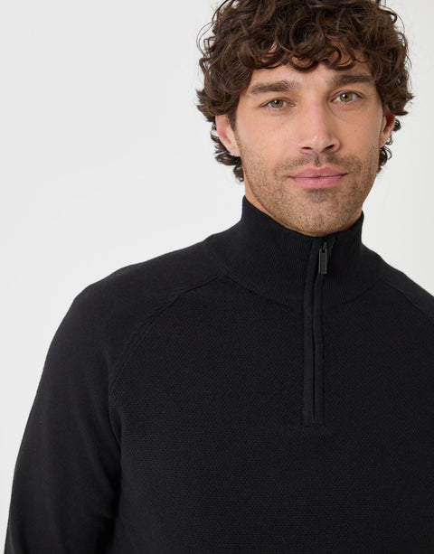 Threadbare Cotton Rich Textured Quarter Zip Jumper in Black - close up