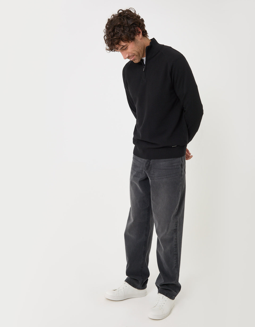Threadbare Cotton Rich Textured Quarter Zip Jumper in Black - full body