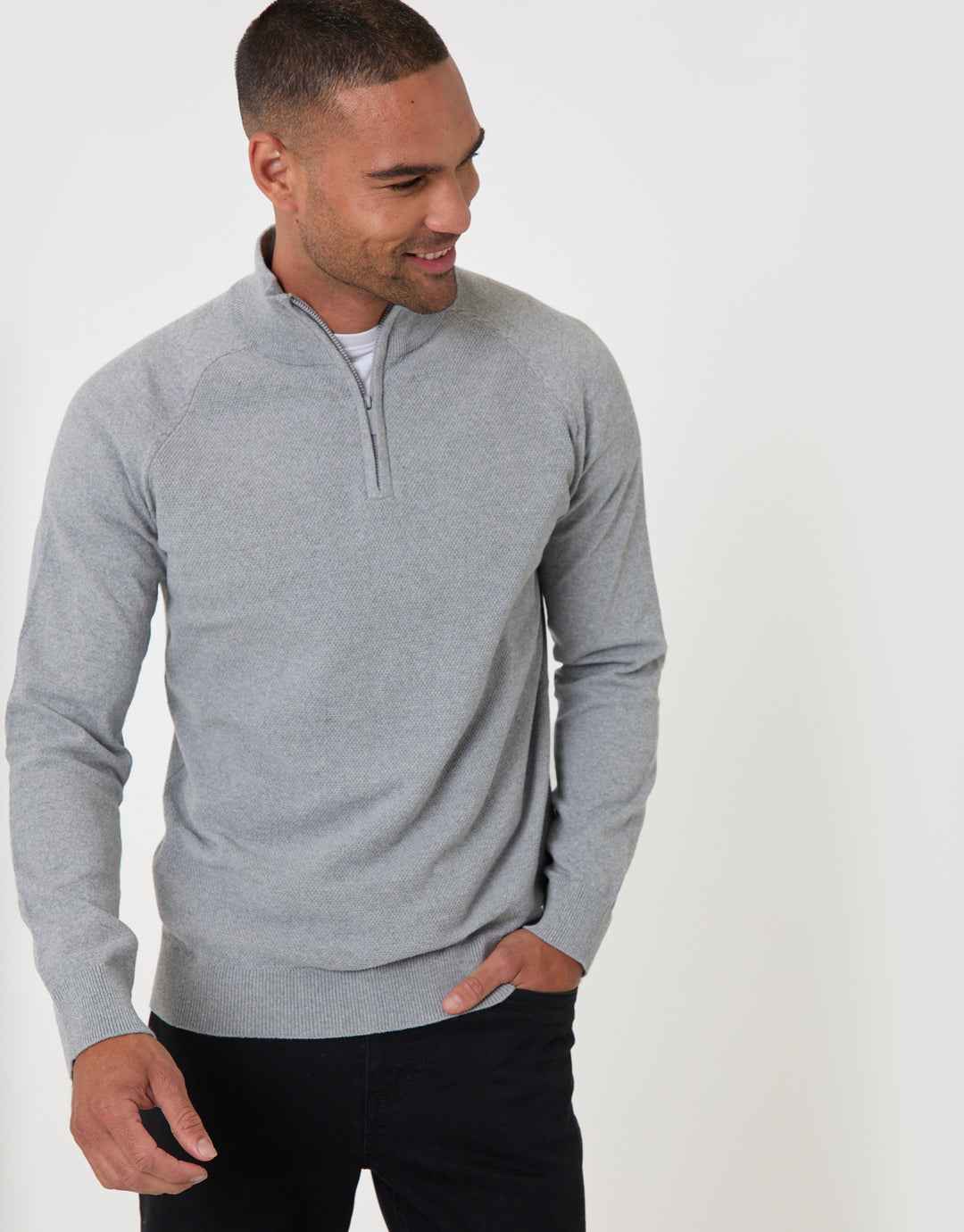 Threadbare Cotton Rich Textured Quarter Zip Jumper in Grey Marl - front view