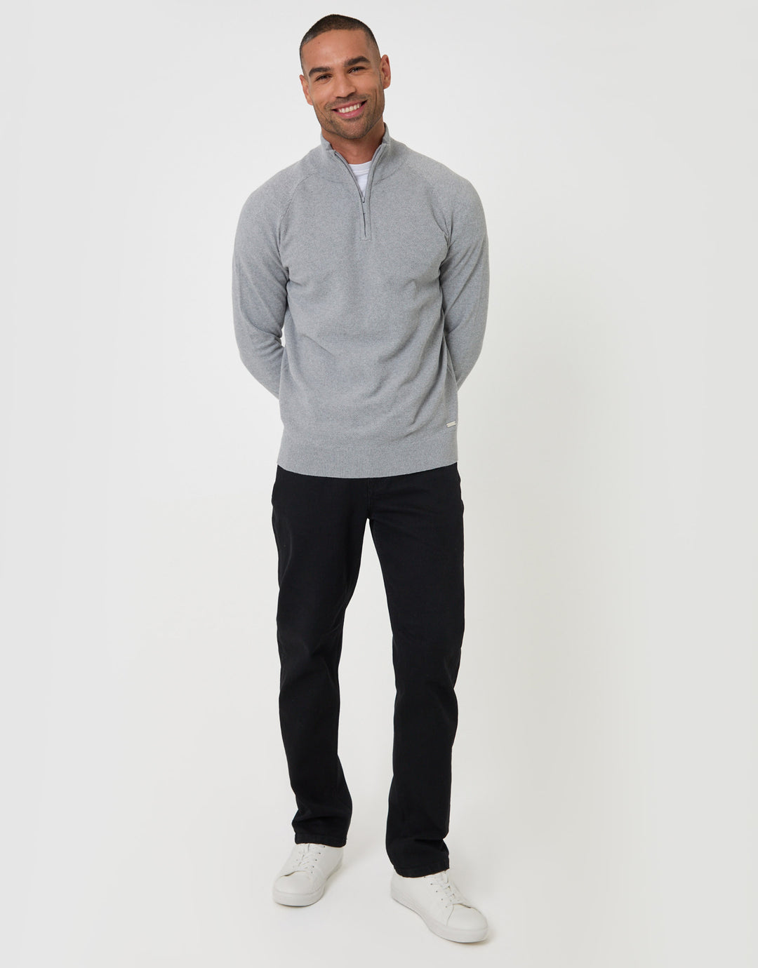 Threadbare Cotton Rich Textured Quarter Zip Jumper in Grey Marl - full body