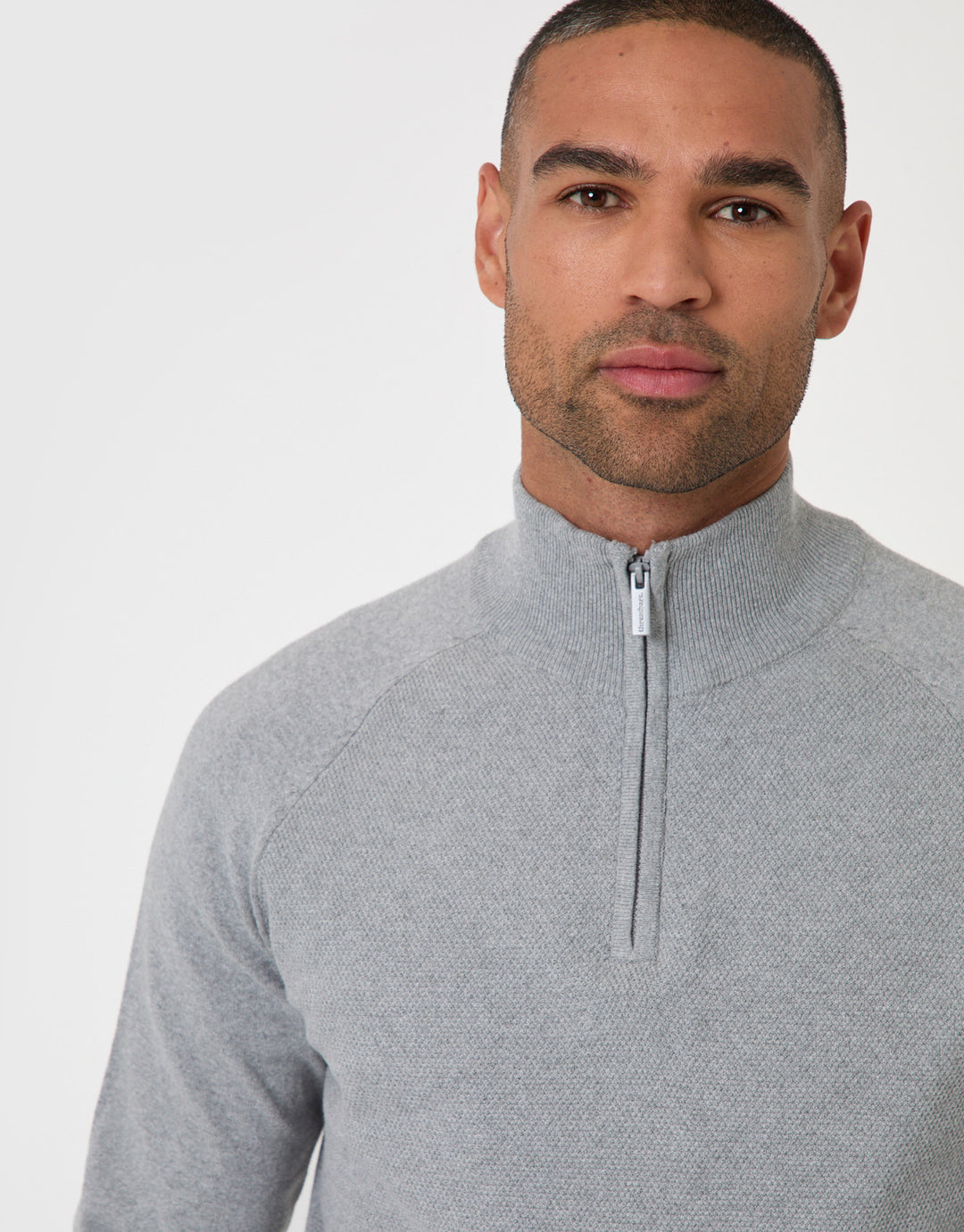 Threadbare Cotton Rich Textured Quarter Zip Jumper in Grey Marl - close up