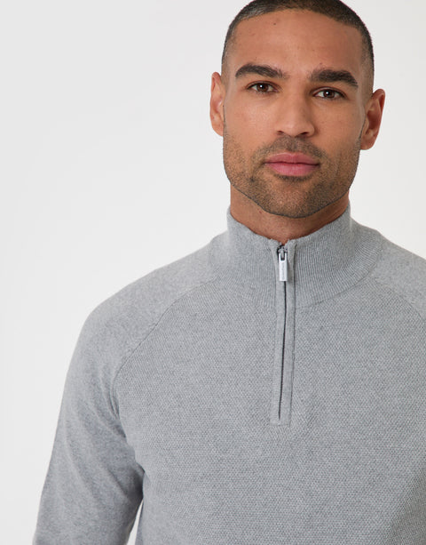 Threadbare Cotton Rich Textured Quarter Zip Jumper in Grey Marl - close up