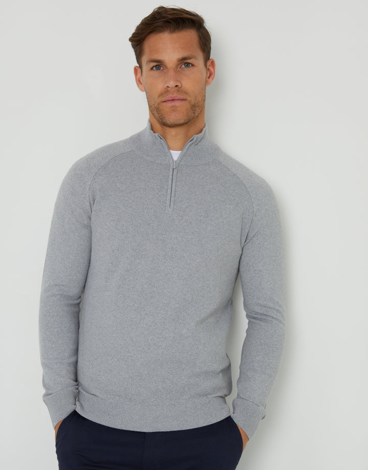 Grey Marl Raglan Knitted Quarter Zip Jumper