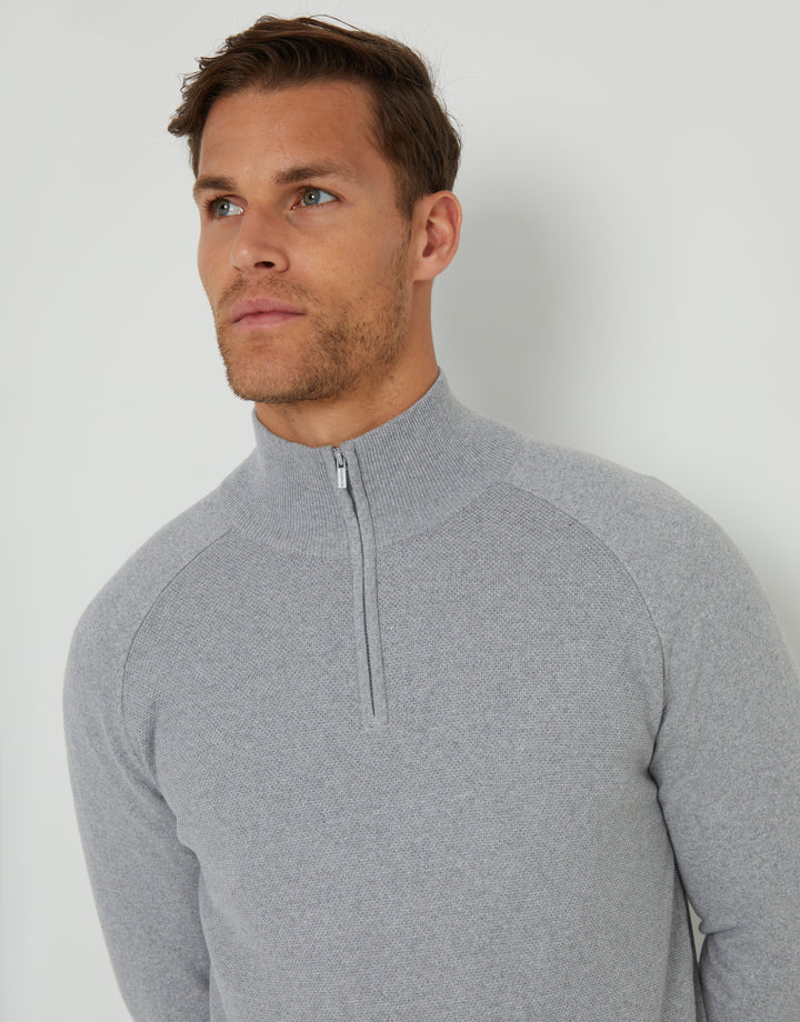 Grey Marl Raglan Knitted Quarter Zip Jumper
