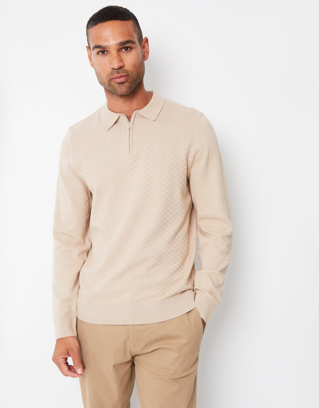 Ecru Long Sleeve Quarter Zip Knitted Polo Jumper