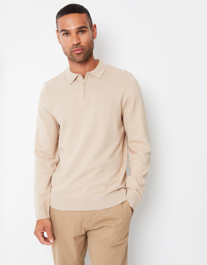 Ecru Long Sleeve Quarter Zip Knitted Polo Jumper