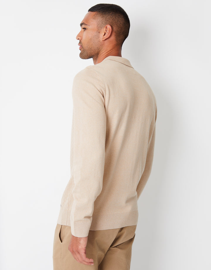 Ecru Long Sleeve Quarter Zip Knitted Polo Jumper