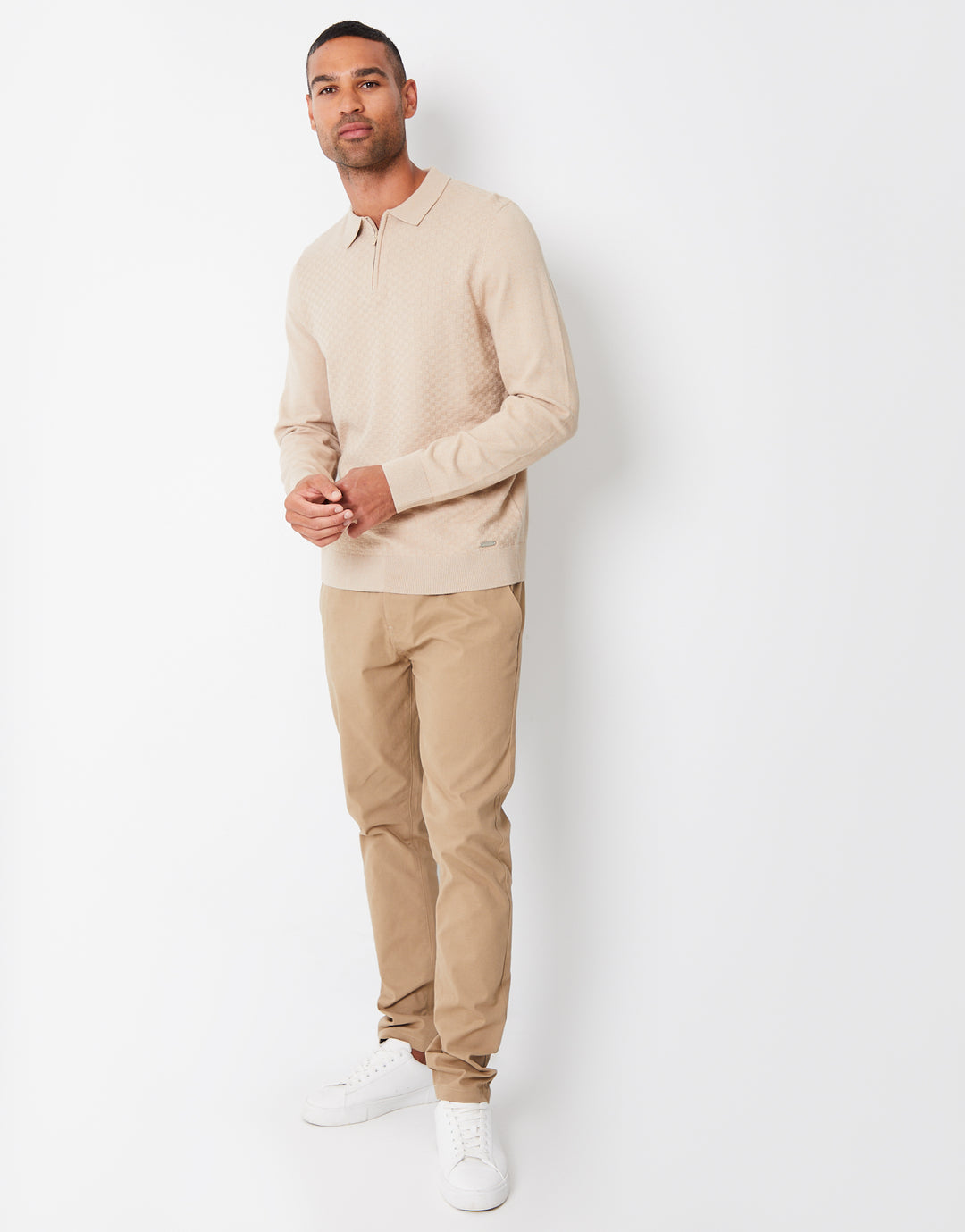 Ecru Long Sleeve Quarter Zip Knitted Polo Jumper