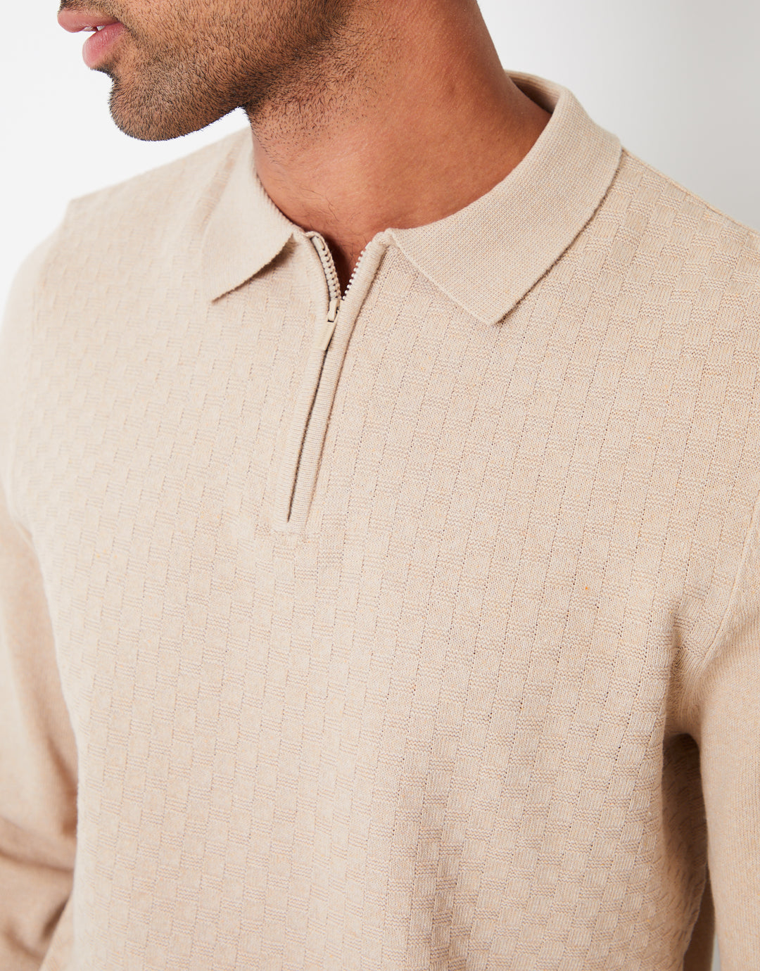 Ecru Long Sleeve Quarter Zip Knitted Polo Jumper