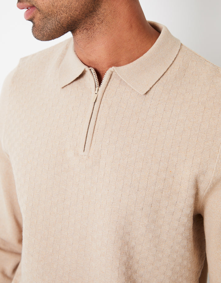 Ecru Long Sleeve Quarter Zip Knitted Polo Jumper