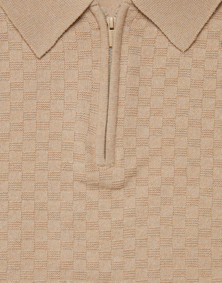 Ecru Long Sleeve Quarter Zip Knitted Polo Jumper