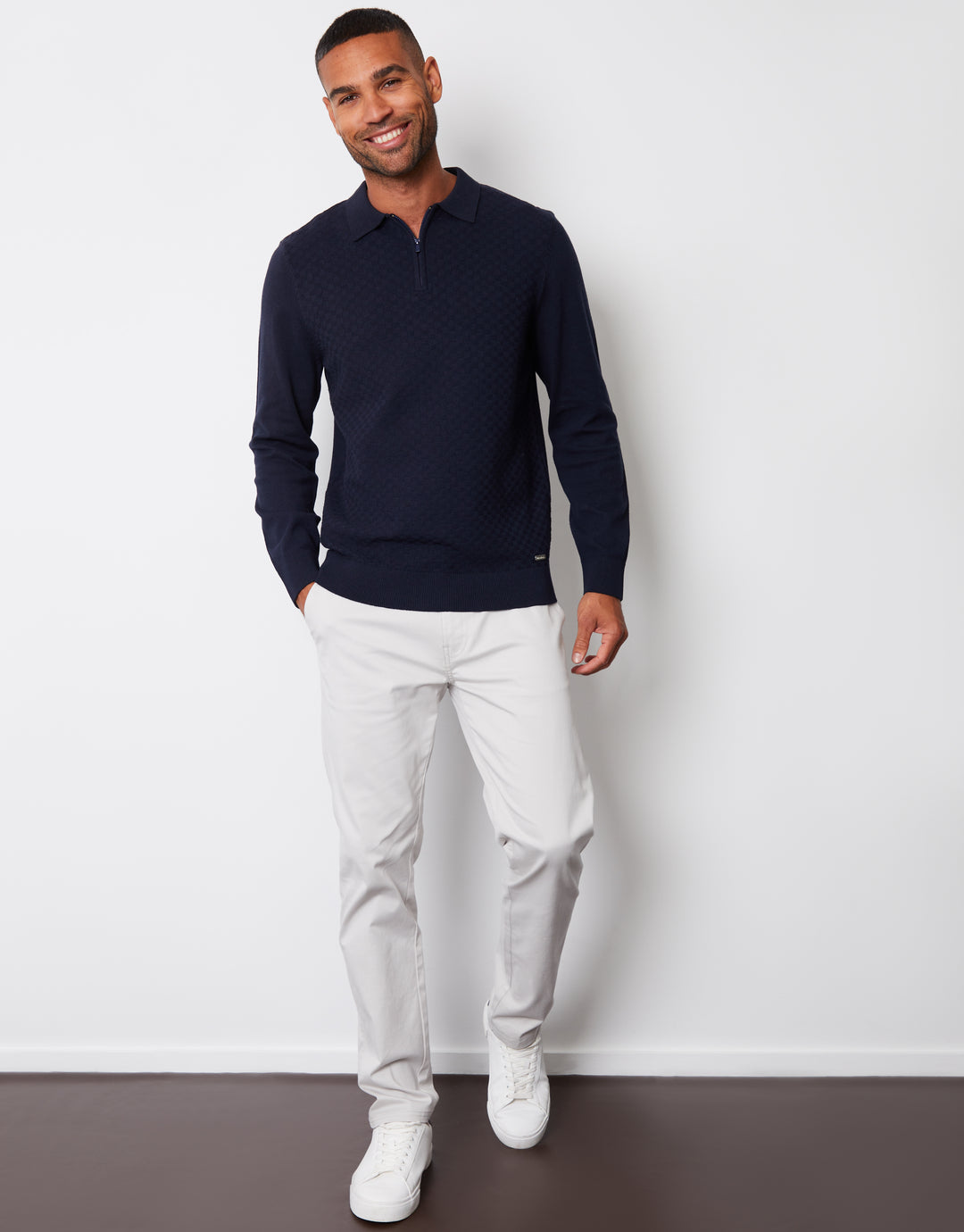 Navy Long Sleeve Quarter Zip Knitted Polo Jumper