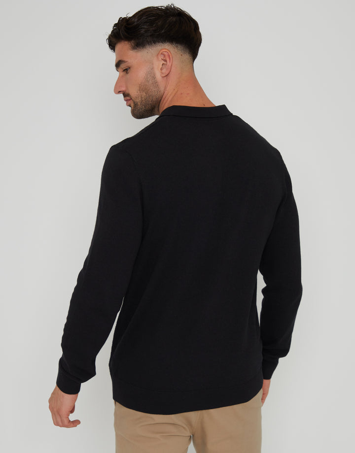 Black Long Sleeve Quarter Zip Knitted Polo Jumper
