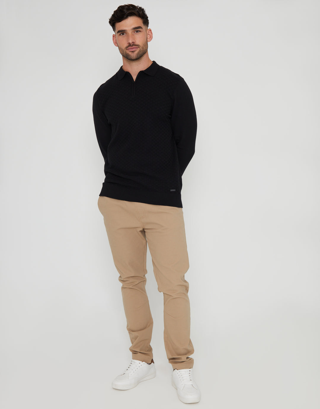 Black Long Sleeve Quarter Zip Knitted Polo Jumper