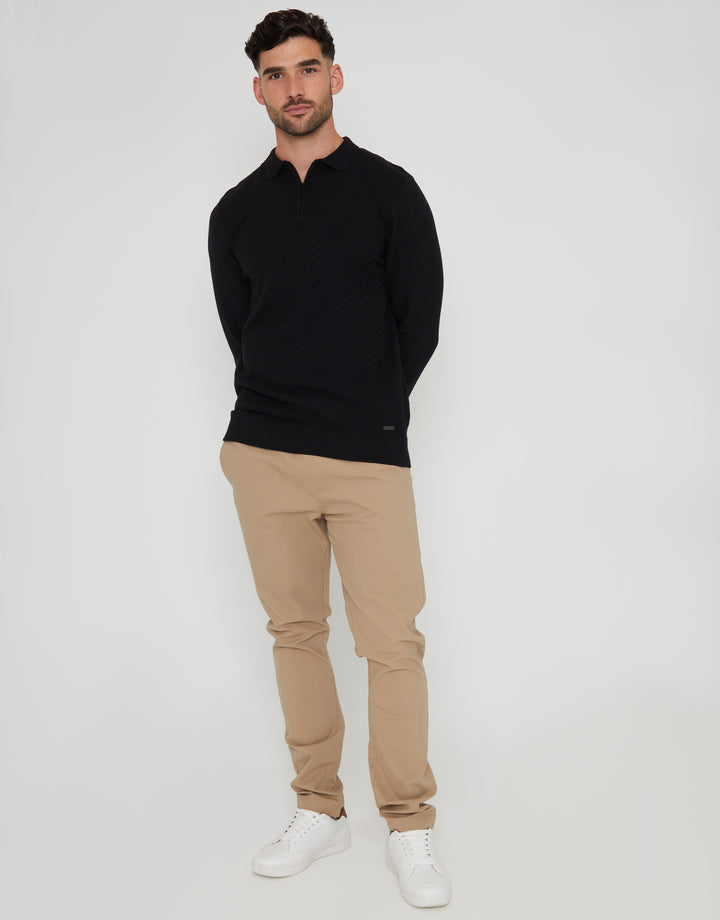 Black Long Sleeve Quarter Zip Knitted Polo Jumper