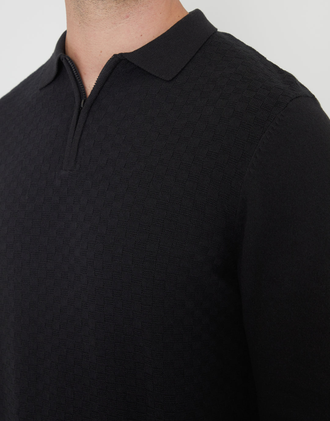 Black Long Sleeve Quarter Zip Knitted Polo Jumper