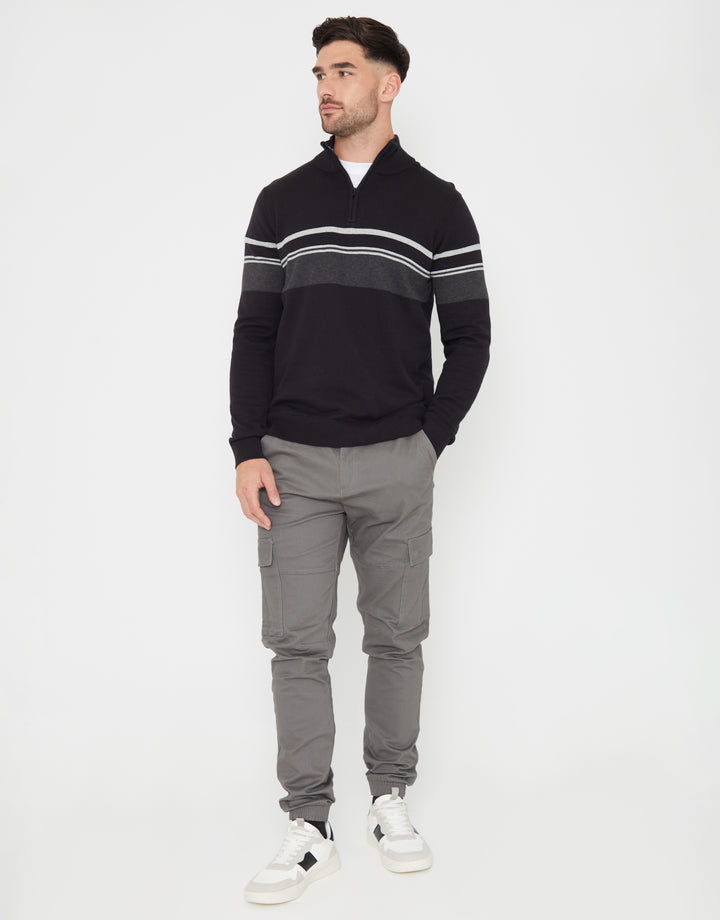 Black Colourblock Quarter Zip Knitted Jumper