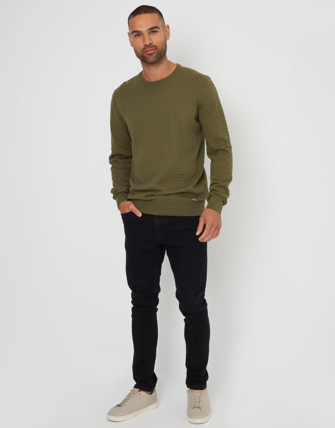 Khaki Green Mini Cable Knit Crew Neck Jumper