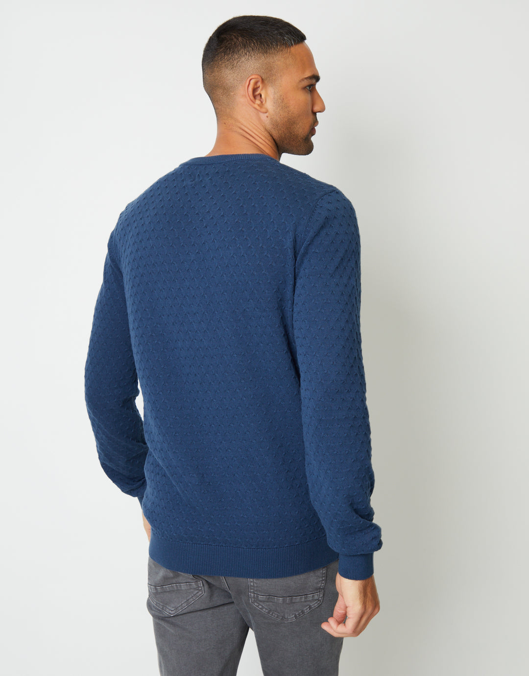 Denim Blue Mini Cable Knit Crew Neck Jumper