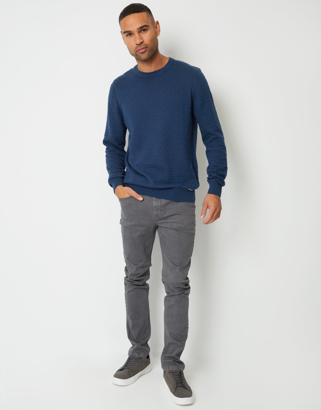 Denim Blue Mini Cable Knit Crew Neck Jumper