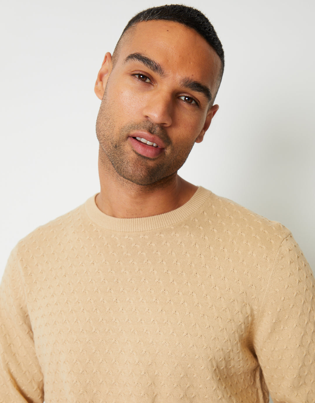 Beige Mini Cable Knit Crew Neck Jumper